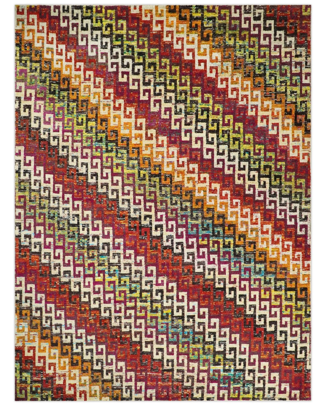 8x10 and 9x12 Hand Knotted Multicolor Modern Contemporary Southwestern Tribal Trellis Recycled Silk Area Rug | OP9 - The Rug Decor