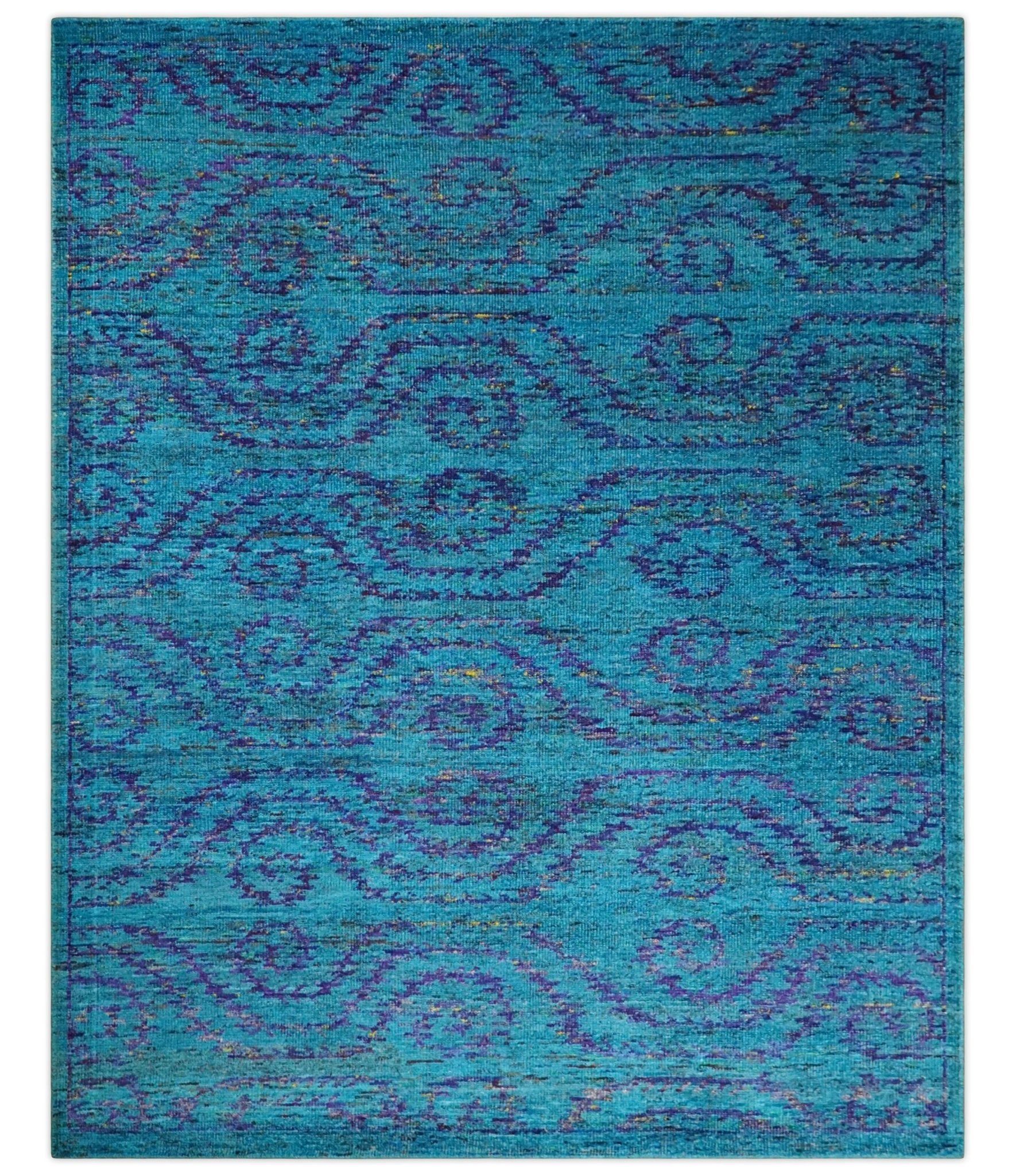 8x10 and 9x12 Hand Knotted Teal Blue and Violet Modern