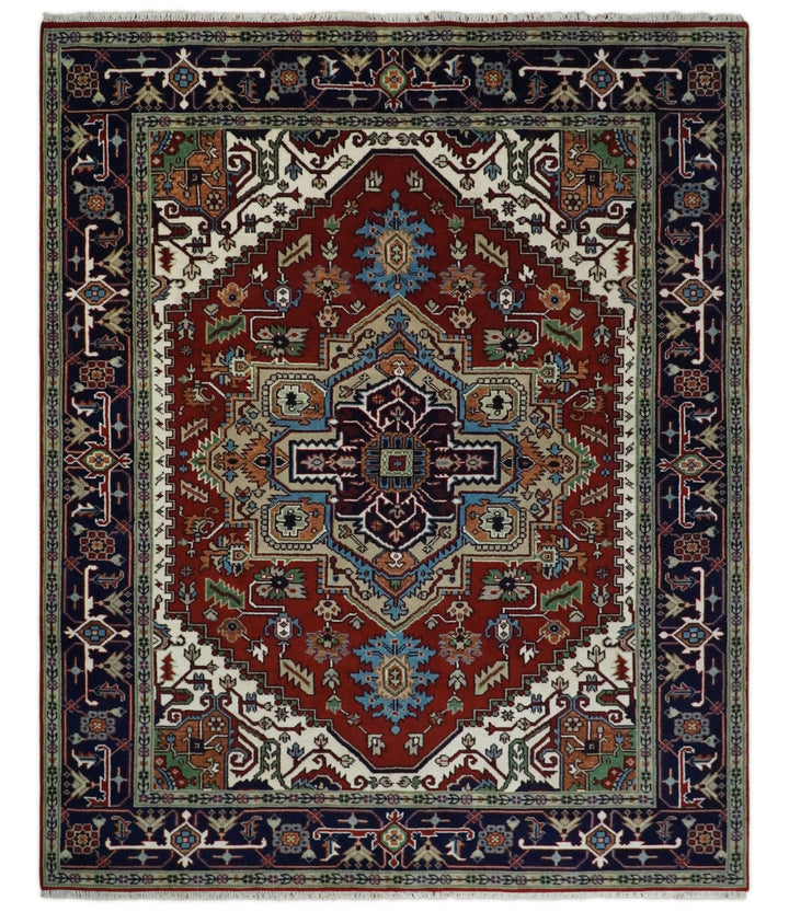 8x10 and 9x12 Rust and Blue Hand Knotted Traditional Antique Persian Design Wool Rug | TRDCP385810 - The Rug Decor