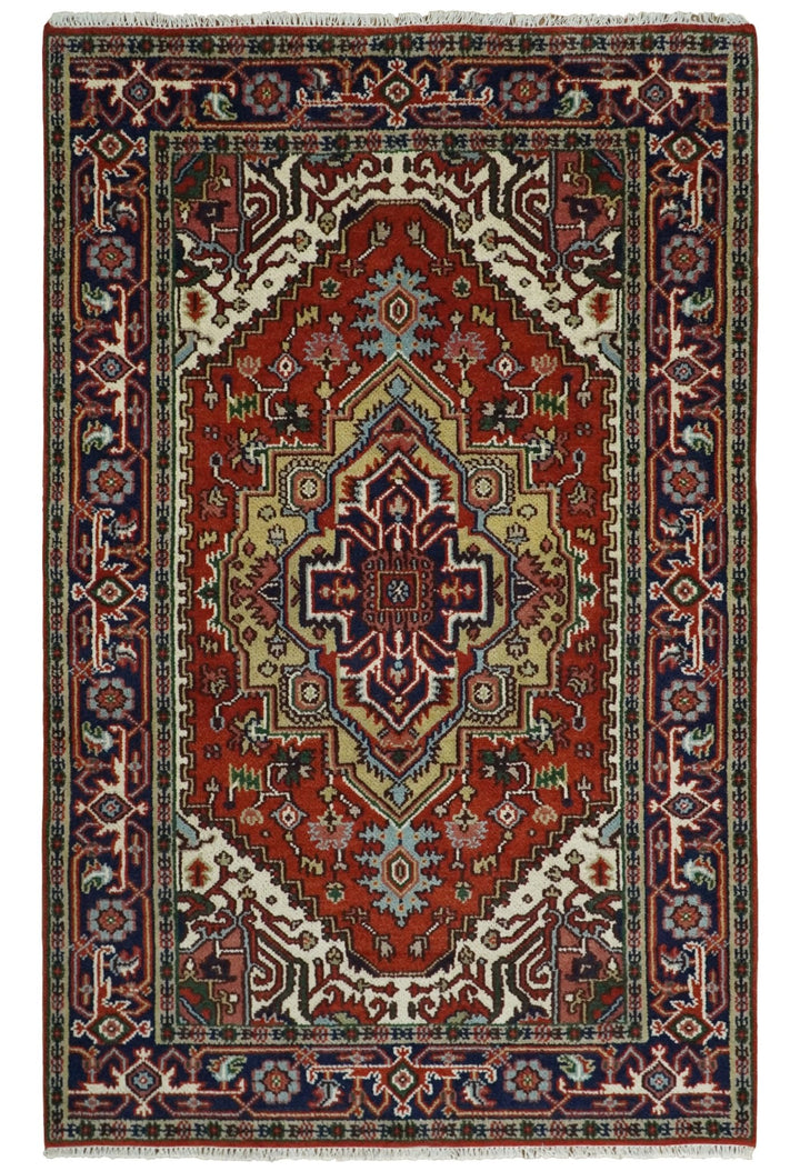 8x10 and 9x12 Rust and Blue Hand Knotted Traditional Antique Persian Design Wool Rug | TRDCP385810 - The Rug Decor
