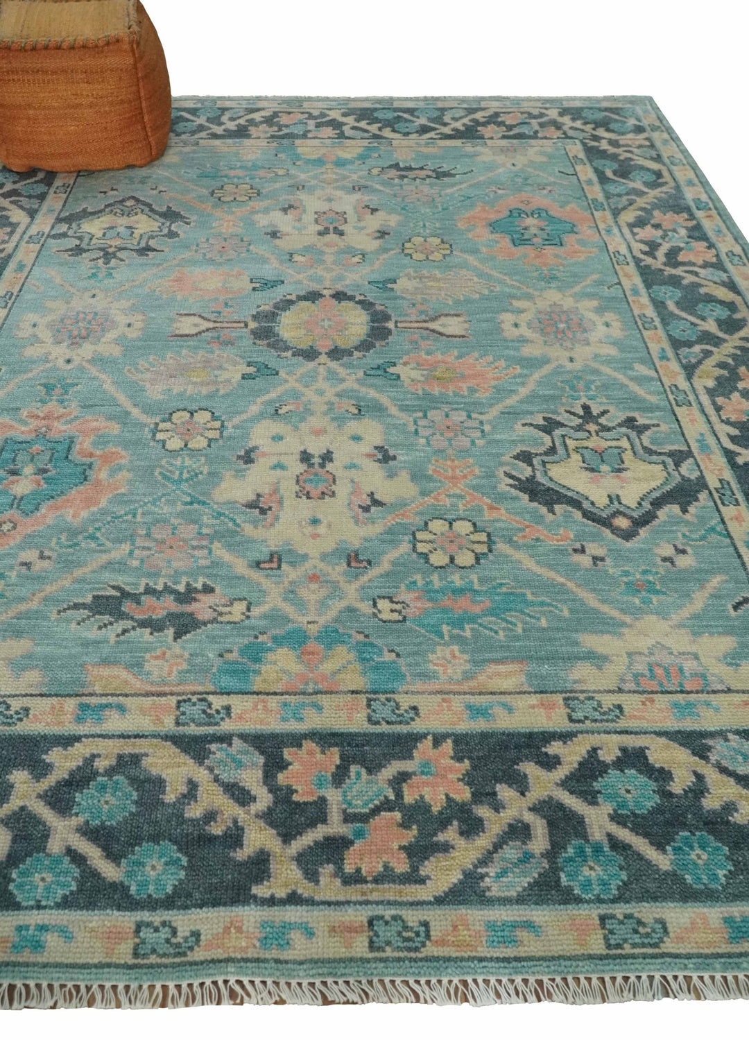 8x10 Antique Hand Knotted Teal, Charcoal and Beige Traditional Vintage Persian Oushak Wool Rug | TRDCP1367810 - The Rug Decor