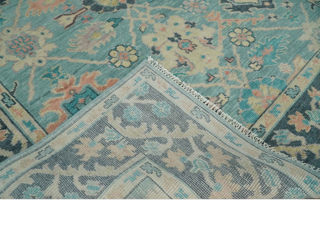 8x10 Antique Hand Knotted Teal, Charcoal and Beige Traditional Vintage Persian Oushak Wool Rug | TRDCP1367810 - The Rug Decor