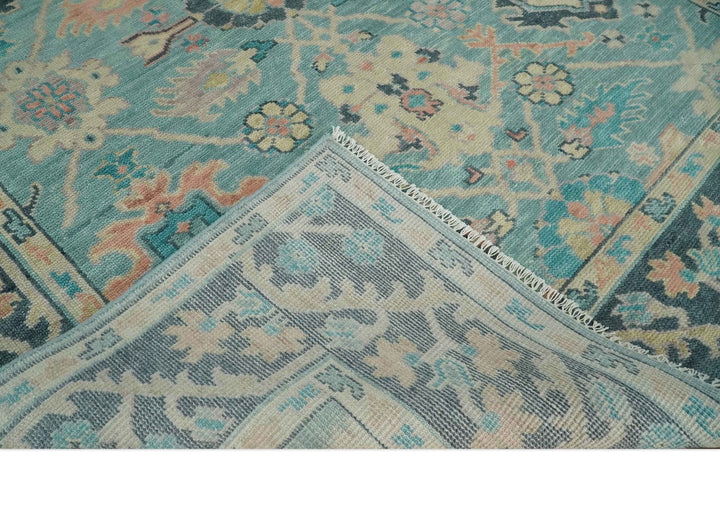 8x10 Antique Hand Knotted Teal, Charcoal and Beige Traditional Vintage Persian Oushak Wool Rug | TRDCP1367810 - The Rug Decor