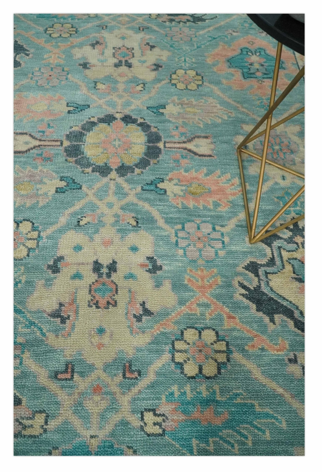 8x10 Antique Hand Knotted Teal, Charcoal and Beige Traditional Vintage Persian Oushak Wool Rug | TRDCP1367810 - The Rug Decor