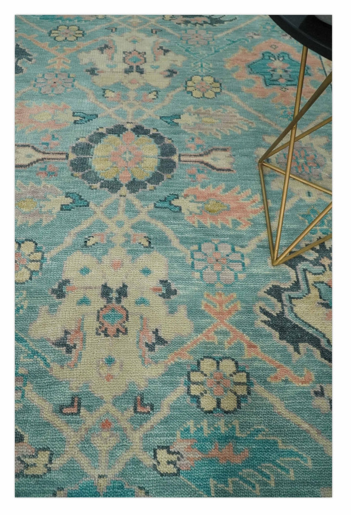8x10 Antique Hand Knotted Teal, Charcoal and Beige Traditional Vintage Persian Oushak Wool Rug | TRDCP1367810 - The Rug Decor