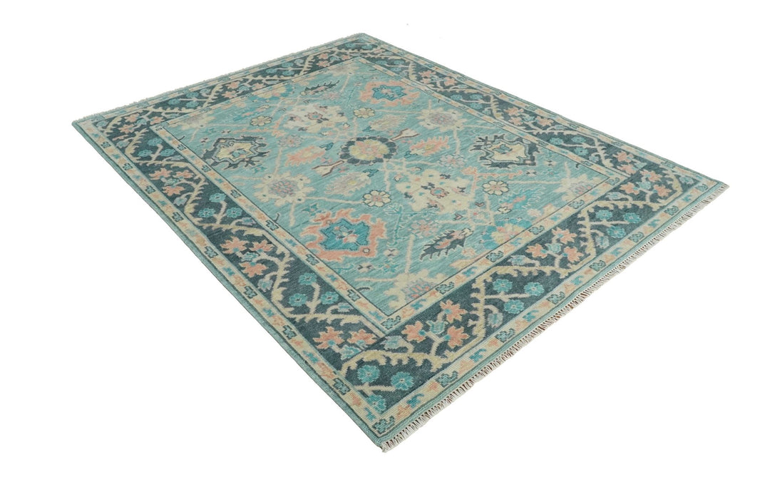 8x10 Antique Hand Knotted Teal, Charcoal and Beige Traditional Vintage Persian Oushak Wool Rug | TRDCP1367810 - The Rug Decor
