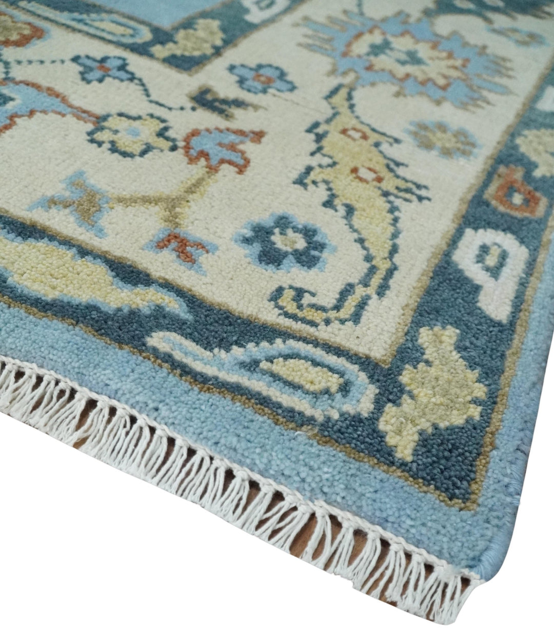 8x10 Aqua and Ivory Vibrant colorful Hand knotted Traditional oushak wool area rug - The Rug Decor