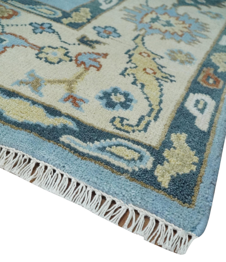8x10 Aqua and Ivory Vibrant colorful Hand knotted Traditional oushak wool area rug - The Rug Decor