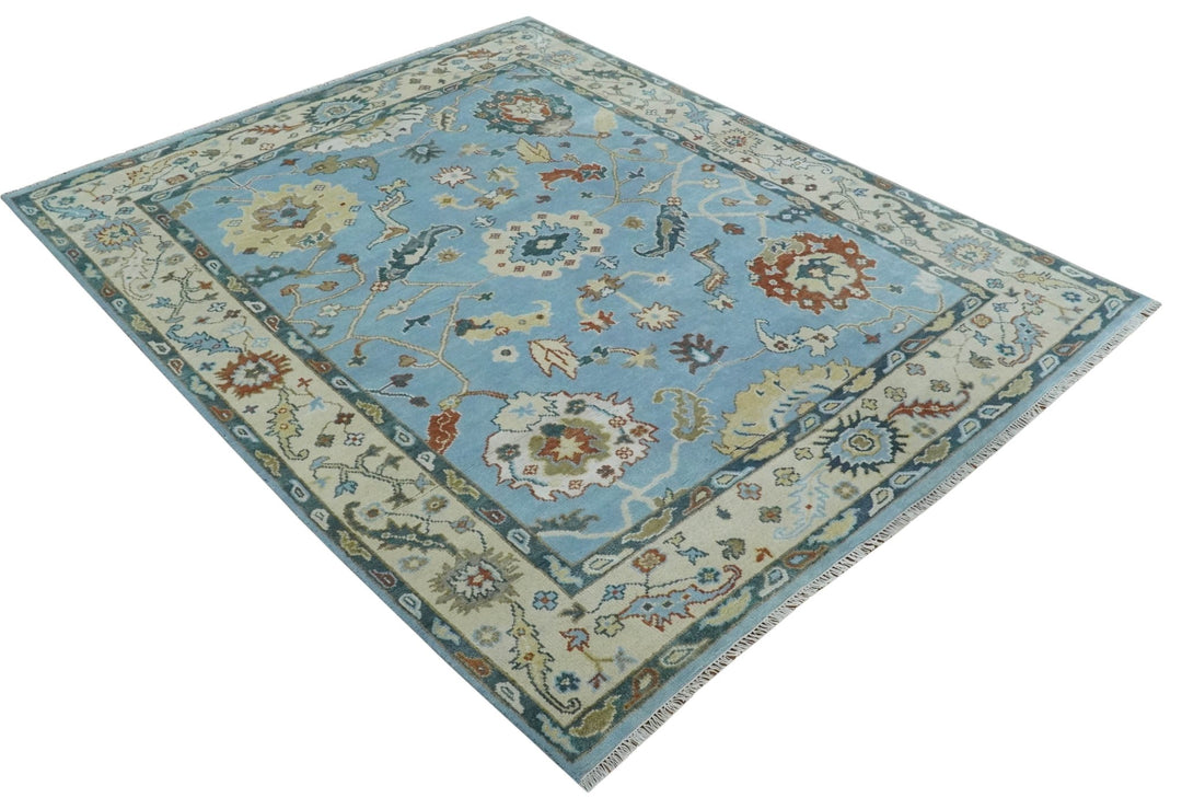 8x10 Aqua and Ivory Vibrant colorful Hand knotted Traditional oushak wool area rug - The Rug Decor