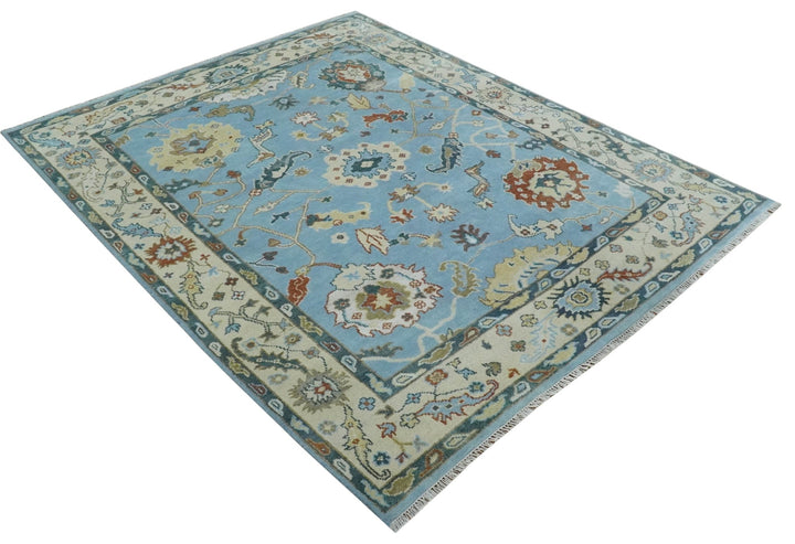 8x10 Aqua and Ivory Vibrant colorful Hand knotted Traditional oushak wool area rug - The Rug Decor