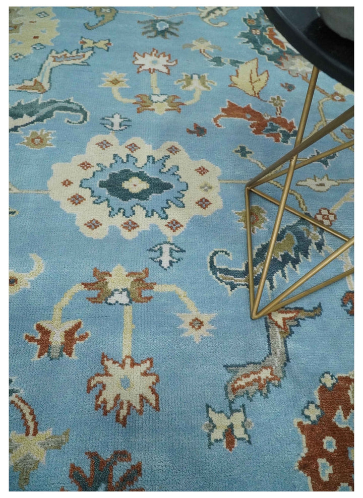 8x10 Aqua and Ivory Vibrant colorful Hand knotted Traditional oushak wool area rug - The Rug Decor