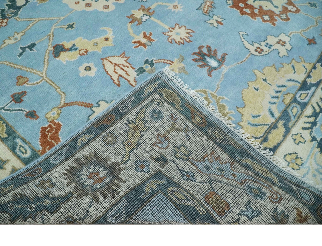 8x10 Aqua and Ivory Vibrant colorful Hand knotted Traditional oushak wool area rug - The Rug Decor