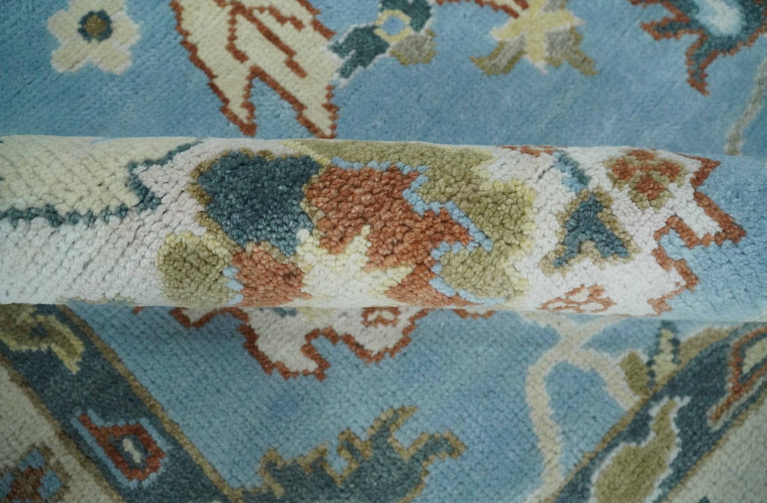 8x10 Aqua and Ivory Vibrant colorful Hand knotted Traditional oushak wool area rug - The Rug Decor