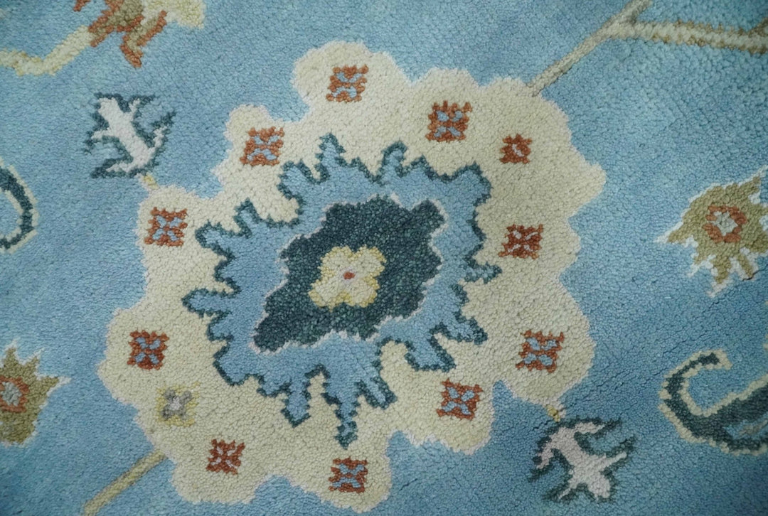 8x10 Aqua and Ivory Vibrant colorful Hand knotted Traditional oushak wool area rug - The Rug Decor