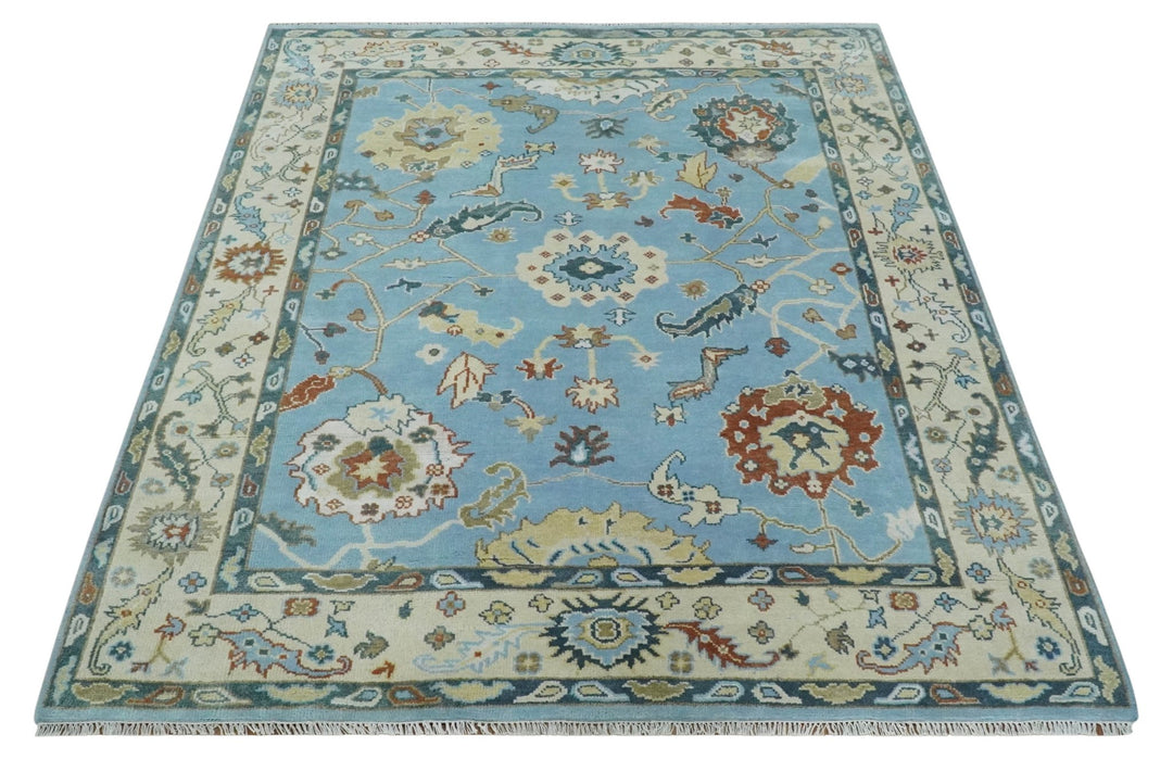 8x10 Aqua and Ivory Vibrant colorful Hand knotted Traditional oushak wool area rug - The Rug Decor