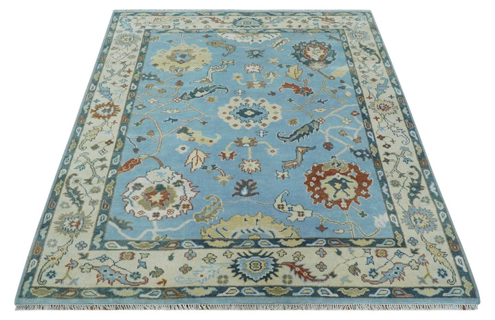 8x10 Aqua and Ivory Vibrant colorful Hand knotted Traditional oushak wool area rug - The Rug Decor