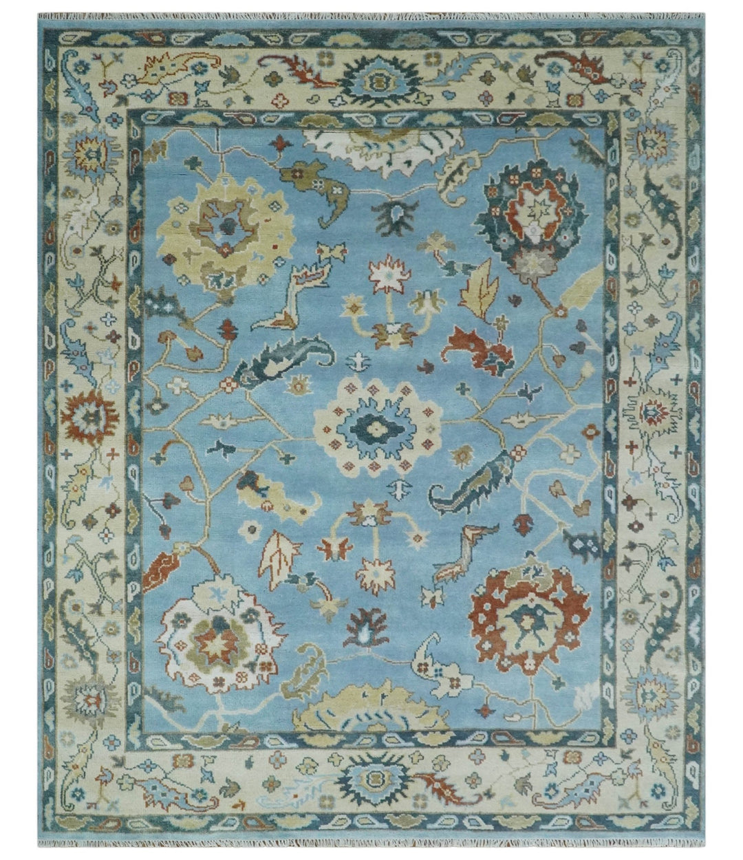 8x10 Aqua and Ivory Vibrant colorful Hand knotted Traditional oushak wool area rug - The Rug Decor