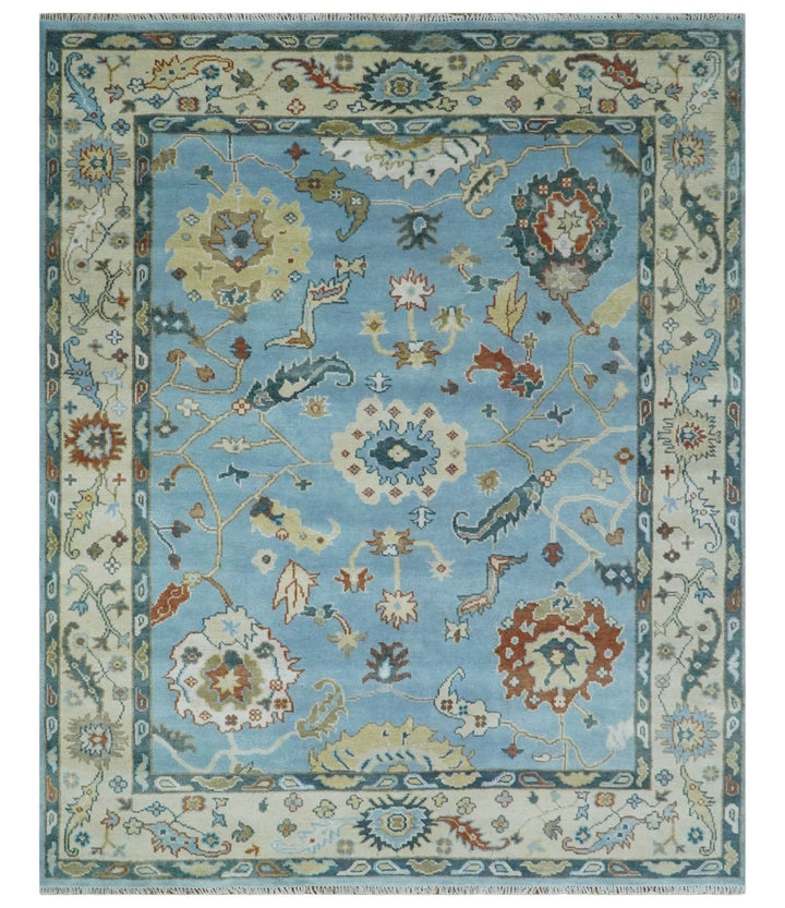 8x10 Aqua and Ivory Vibrant colorful Hand knotted Traditional oushak wool area rug - The Rug Decor