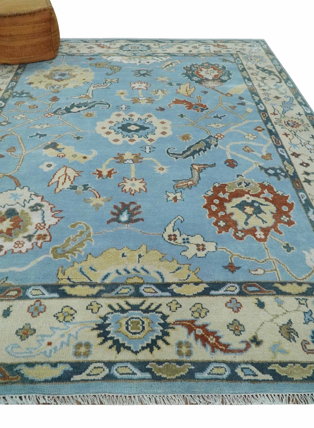 8x10 Aqua and Ivory Vibrant colorful Hand knotted Traditional oushak wool area rug - The Rug Decor
