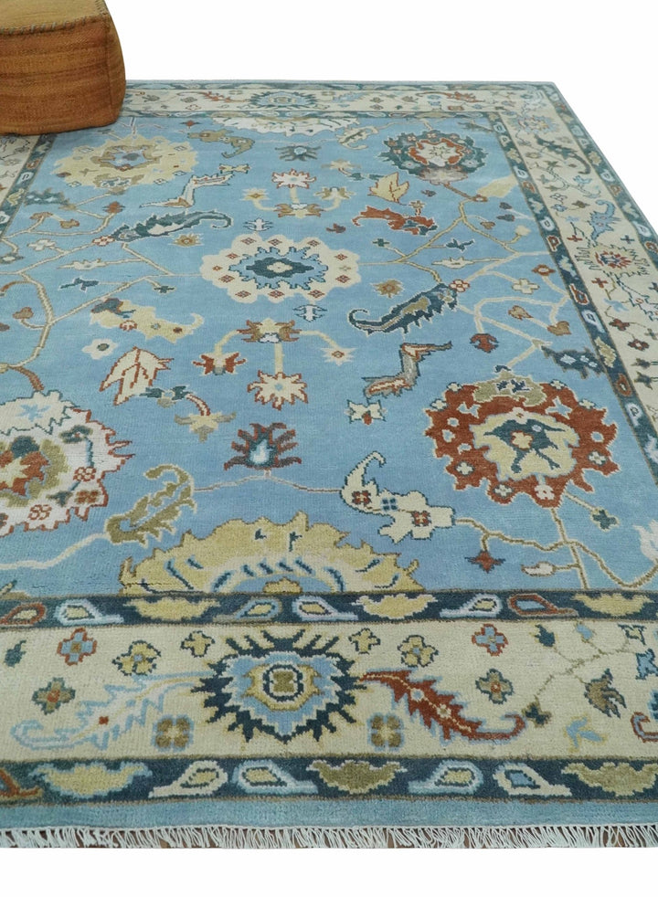 8x10 Aqua and Ivory Vibrant colorful Hand knotted Traditional oushak wool area rug - The Rug Decor