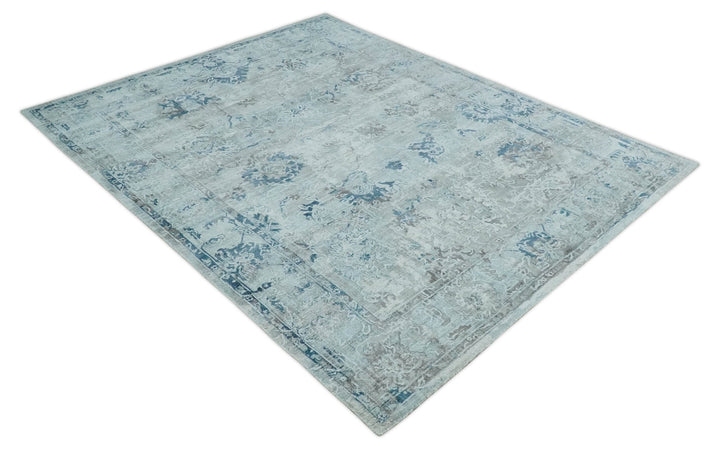 8x10 Aqua, Ivory and Silver Traditional Handmade Wool Area Rug - The Rug Decor