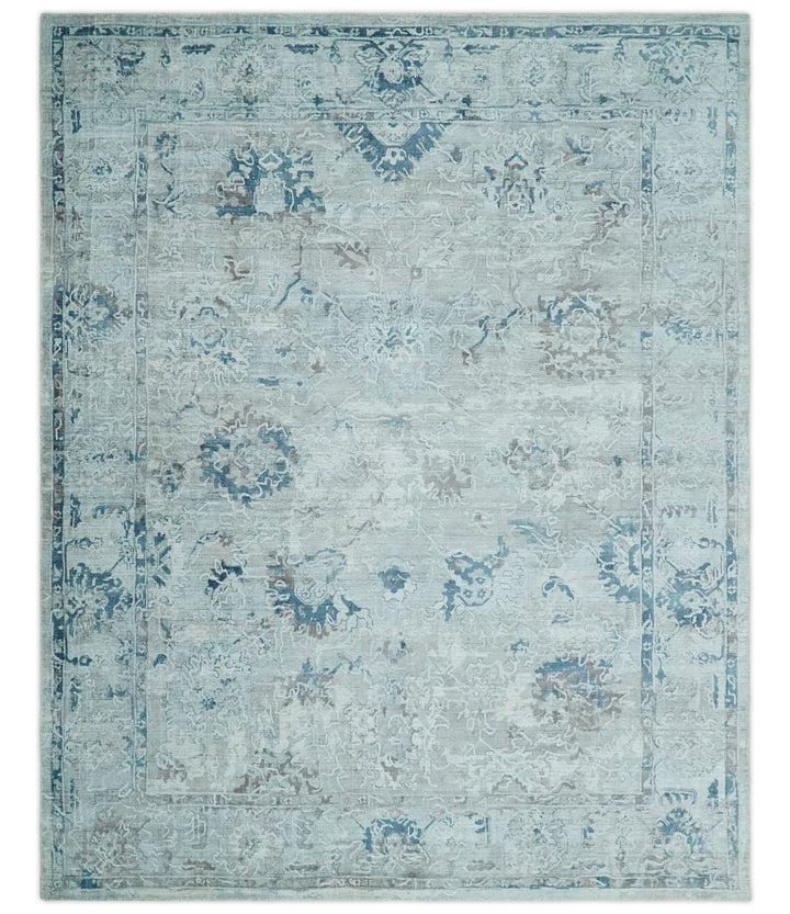 8x10 Aqua, Ivory and Silver Traditional Handmade Wool Area Rug - The Rug Decor