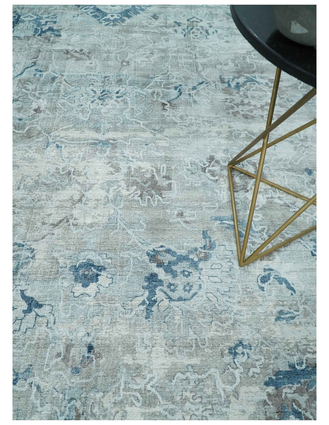 8x10 Aqua, Ivory and Silver Traditional Handmade Wool Area Rug - The Rug Decor