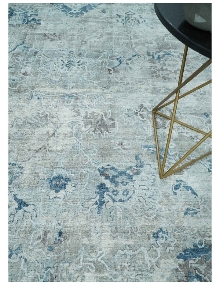 8x10 Aqua, Ivory and Silver Traditional Handmade Wool Area Rug - The Rug Decor