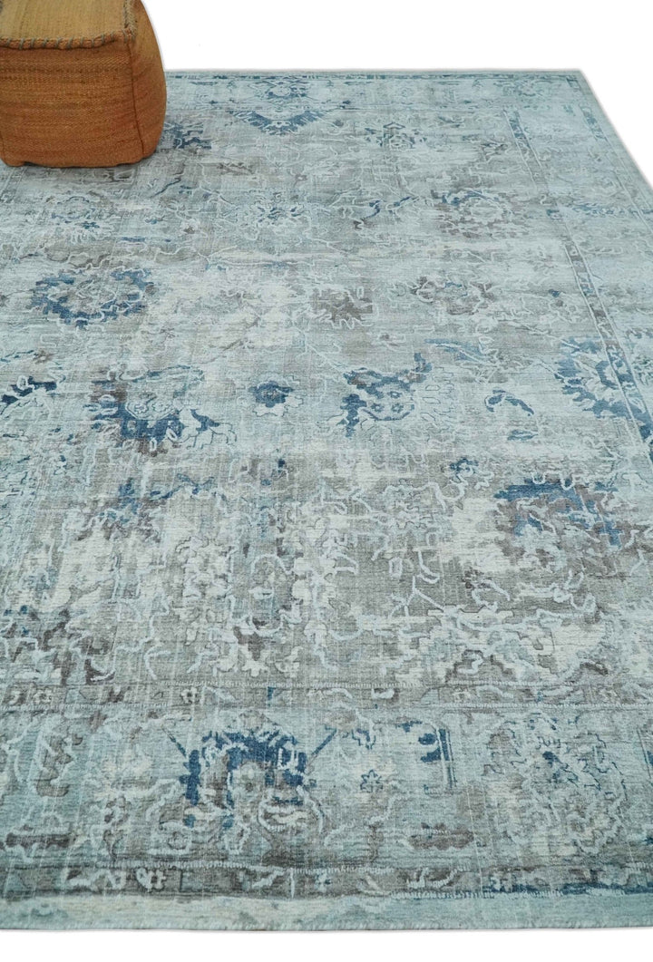 8x10 Aqua, Ivory and Silver Traditional Handmade Wool Area Rug - The Rug Decor