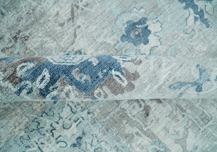 8x10 Aqua, Ivory and Silver Traditional Handmade Wool Area Rug - The Rug Decor