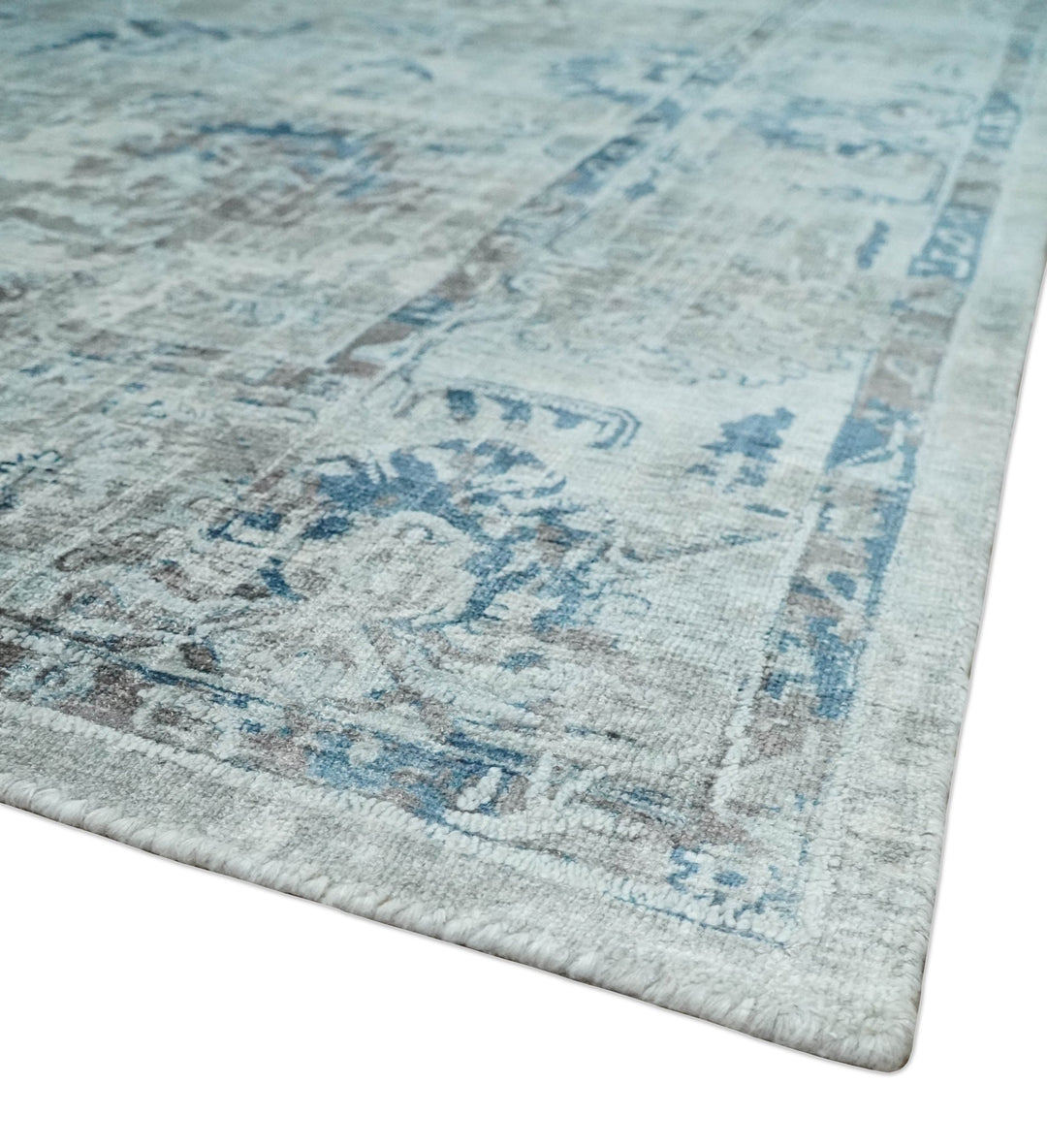 8x10 Aqua, Ivory and Silver Traditional Handmade Wool Area Rug - The Rug Decor