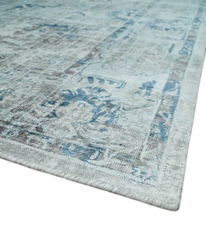 8x10 Aqua, Ivory and Silver Traditional Handmade Wool Area Rug - The Rug Decor
