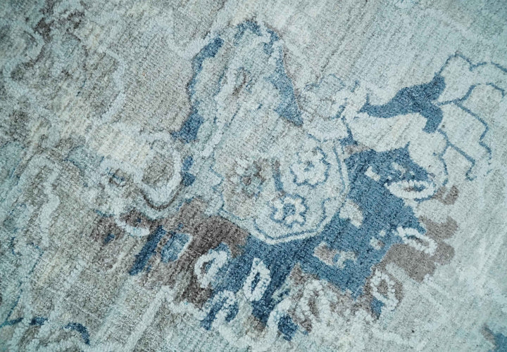 8x10 Aqua, Ivory and Silver Traditional Handmade Wool Area Rug - The Rug Decor