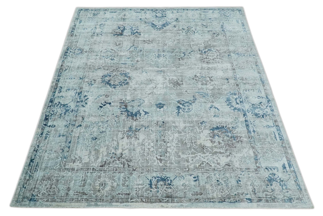 8x10 Aqua, Ivory and Silver Traditional Handmade Wool Area Rug - The Rug Decor