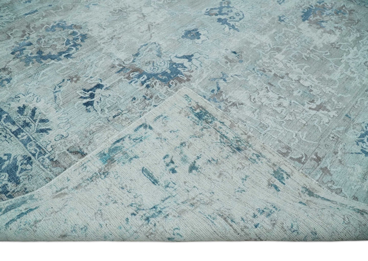 8x10 Aqua, Ivory and Silver Traditional Handmade Wool Area Rug - The Rug Decor