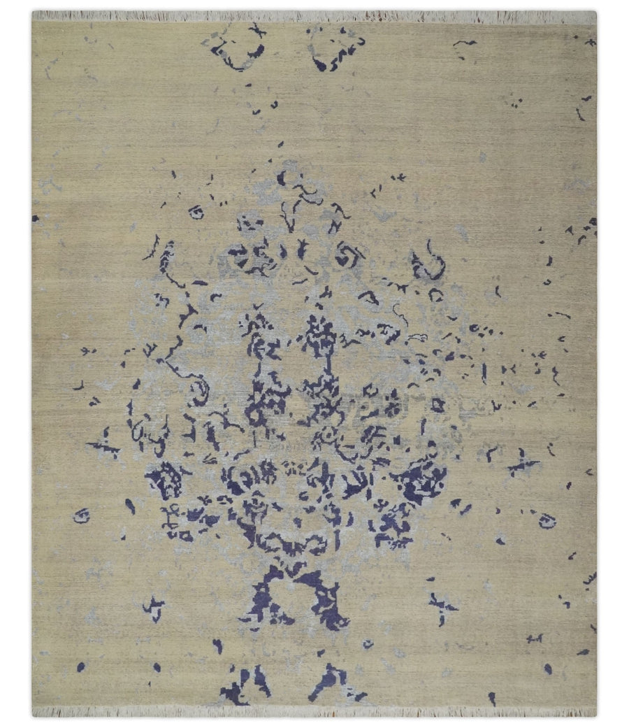 8x10 Beige, Blue and Silver Antique Style, Abstract Hand Knotted Low pile Wool Area Rug - The Rug Decor