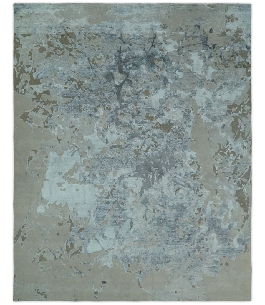 8x10 Beige, Ivory and Charcoal Modern Abstract Handmade Bamboo Silk Area Rug - The Rug Decor