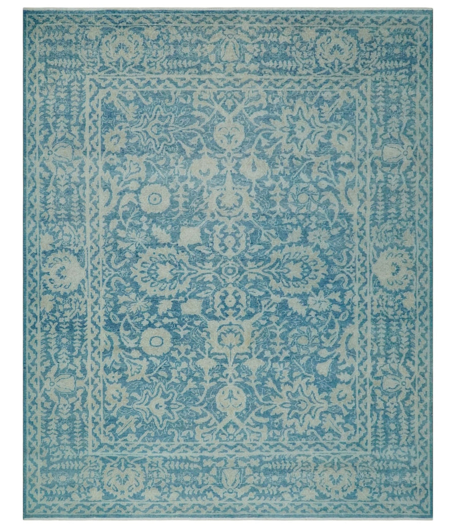 8x10 Blue and Camel Distressed Finish Low Pile Traditional Hand Knotted Wool Rug - The Rug Decor