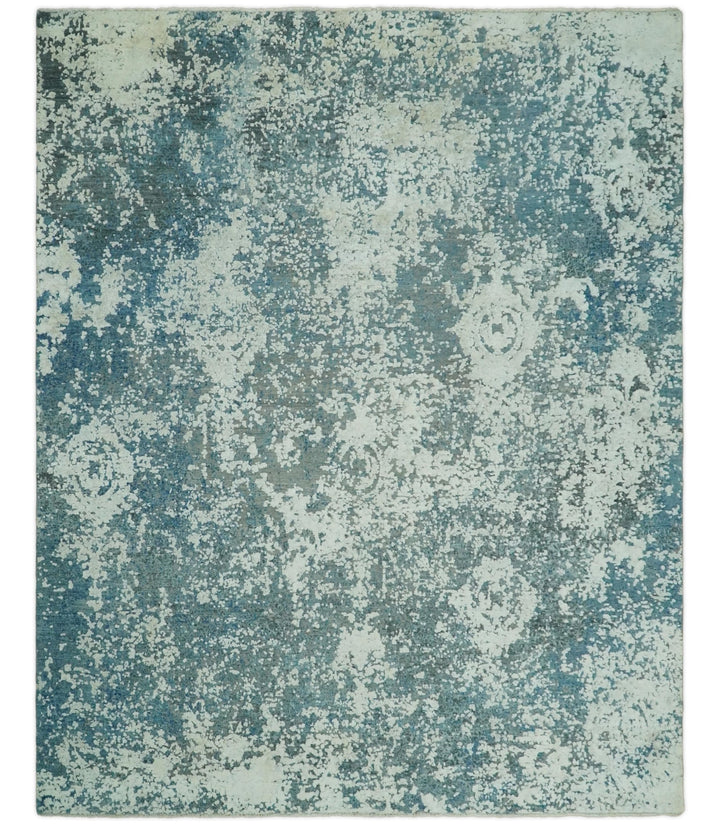 8x10 Blue and Silver Pure Silk and Wool Abstract Area Rug | TRD1657810 - The Rug Decor