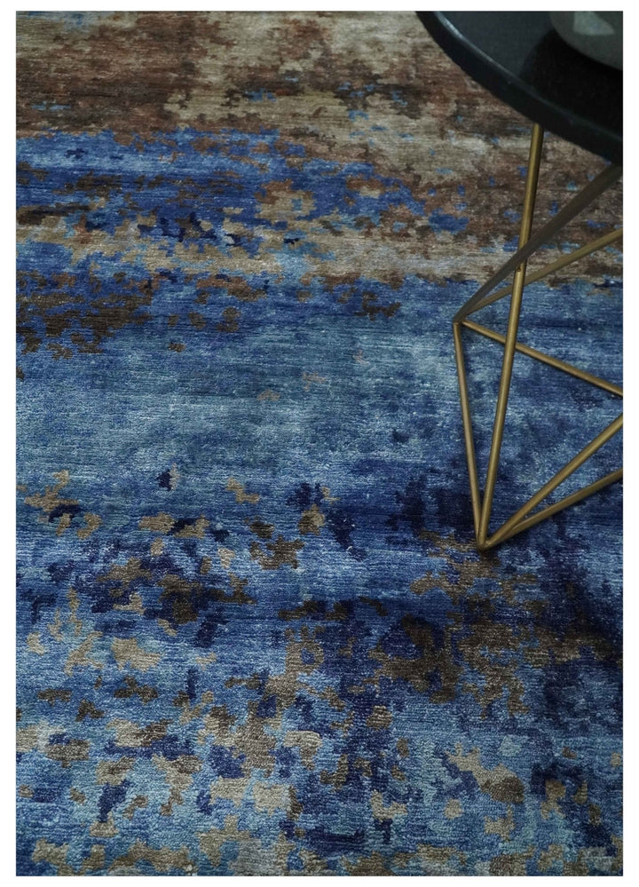 8x10 Blue, Beige and Brown Modern Abstract Hand Knotted wool and bamboo Silk Area Rug - The Rug Decor