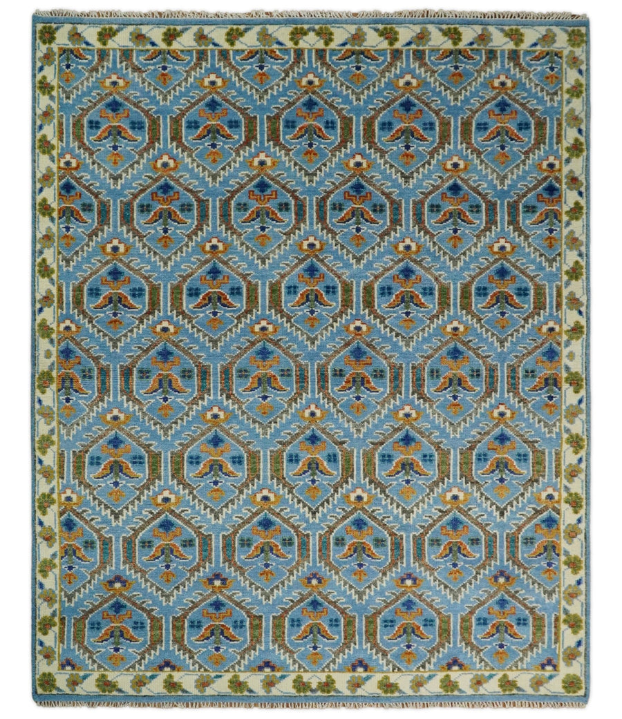 8x10 Blue, Brown and Beige Hand Knotted Wool Antique Vintage Persian Area Rug | TRDCP655810 - The Rug Decor