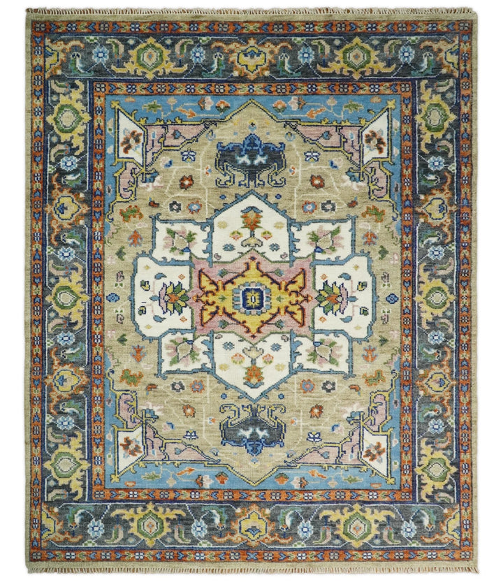 8x10 Blue, Camel and Ivory Hand Knotted Wool Antique Vintage Persian Area Rug | TRDCP677 - The Rug Decor