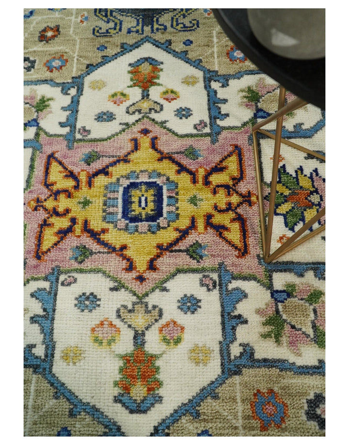 8x10 Blue, Camel and Ivory Hand Knotted Wool Antique Vintage Persian Area Rug | TRDCP677 - The Rug Decor