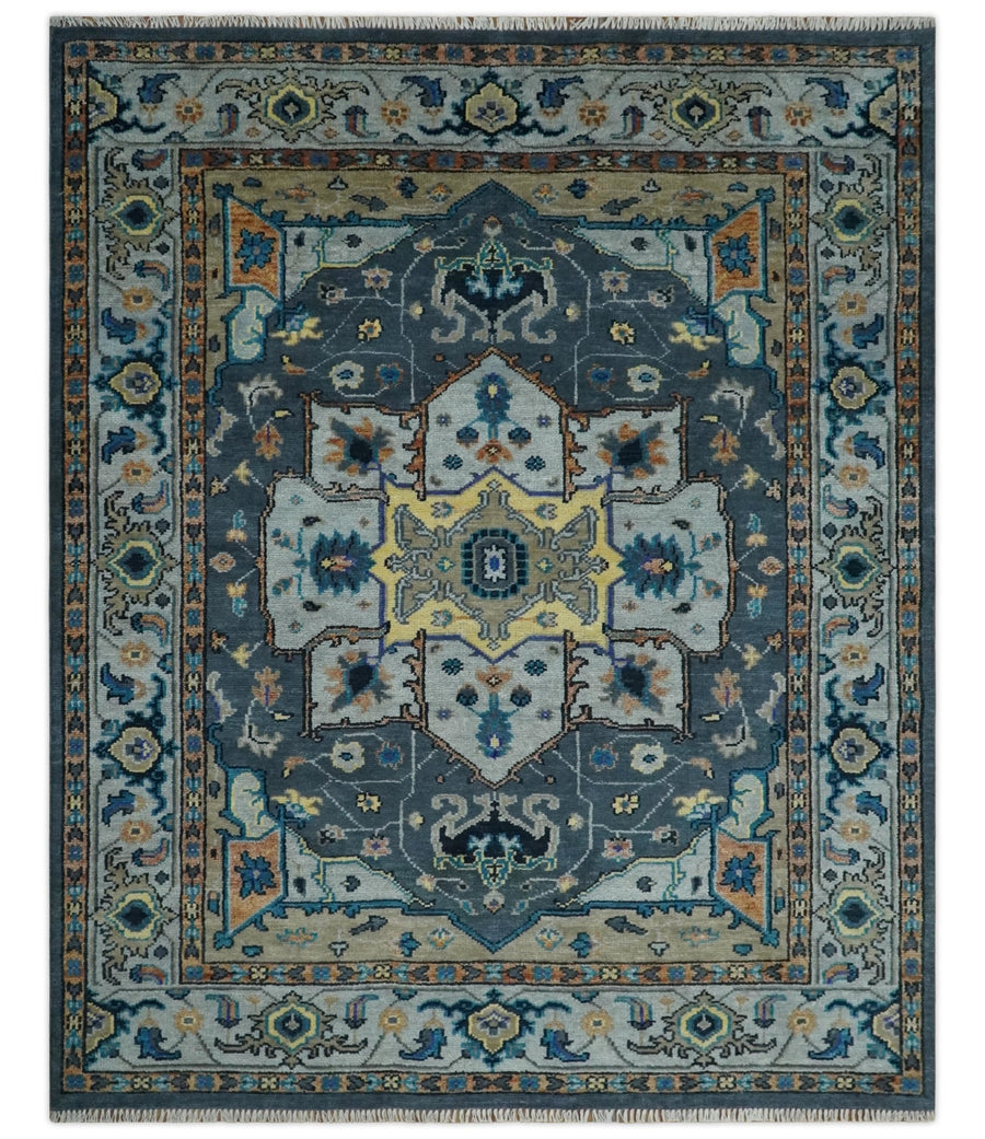 8x10 Blue, Silver and Beige Hand Knotted Traditional Heriz Serapi Wool Area Rug - The Rug Decor