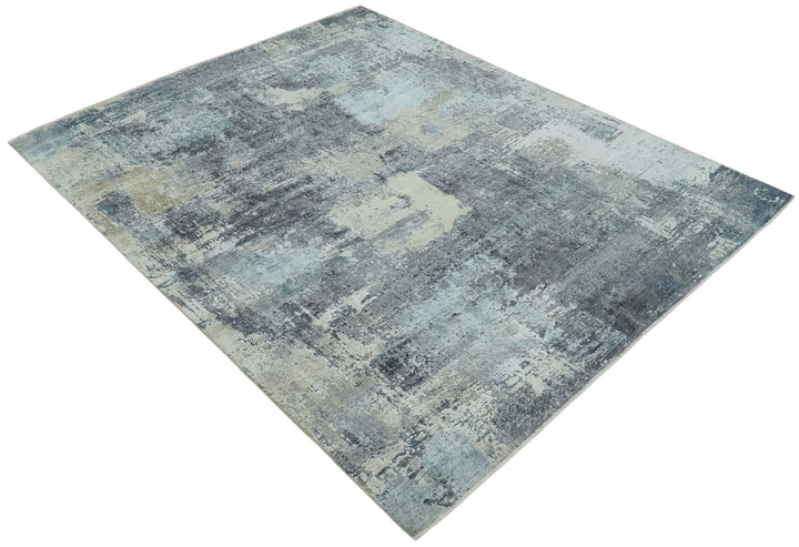 8x10 Charcoal, Beige and Gray Modern Abstract Distressed Finish High Low texture Hand Knotted Rug - The Rug Decor