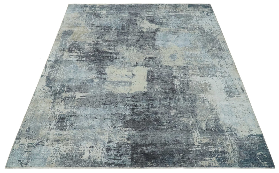 8x10 Charcoal, Beige and Gray Modern Abstract Distressed Finish High Low texture Hand Knotted Rug - The Rug Decor