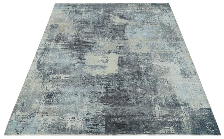 8x10 Charcoal, Beige and Gray Modern Abstract Distressed Finish High Low texture Hand Knotted Rug - The Rug Decor