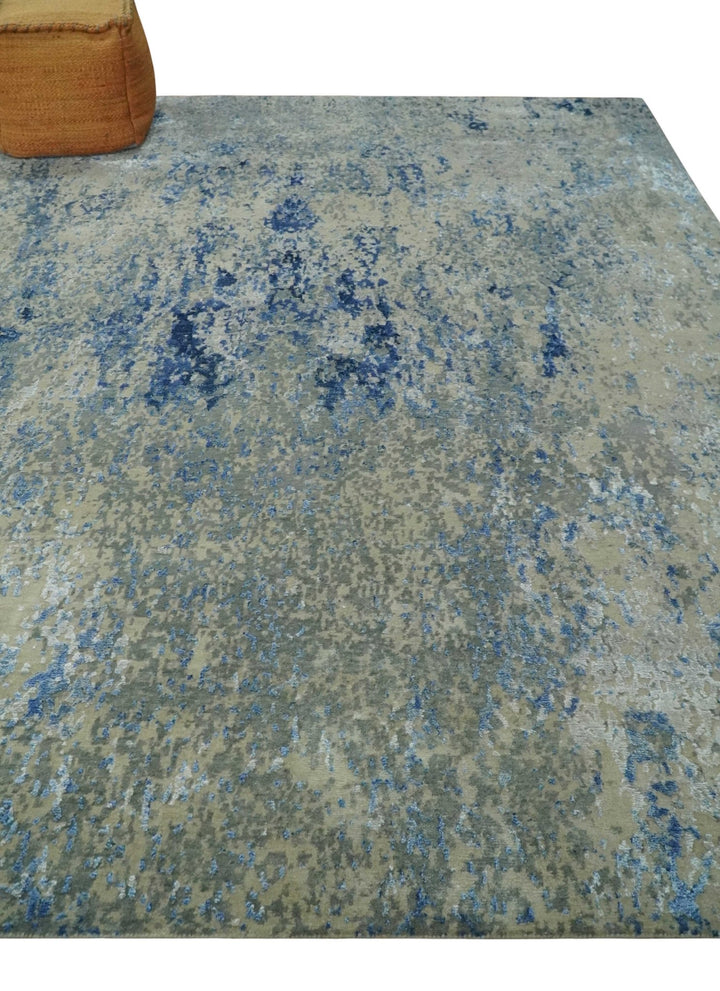 8x10 Fine Blue, Ivory and Beige Hand knotted Abstract wool and Art Silk Area Rug - The Rug Decor