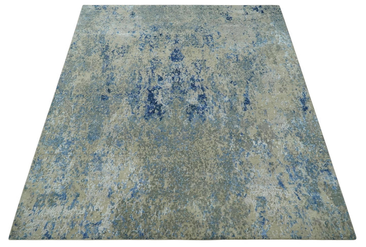 8x10 Fine Blue, Ivory and Beige Hand knotted Abstract wool and Art Silk Area Rug - The Rug Decor