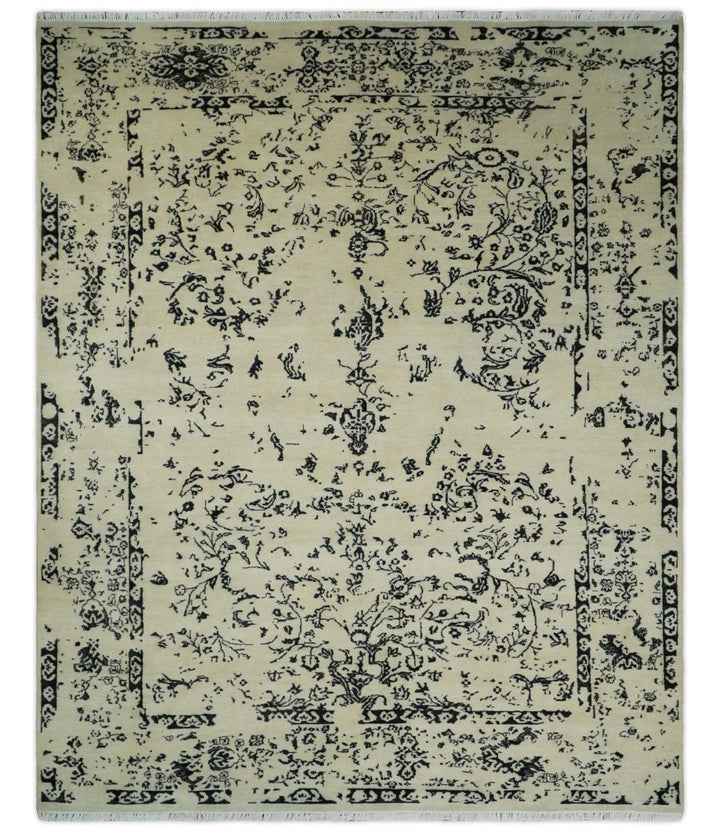 8x10 Fine Hand Knotted Beige and Black Traditional Vintage Persian Antique Wool Rug | AGR35 - The Rug Decor